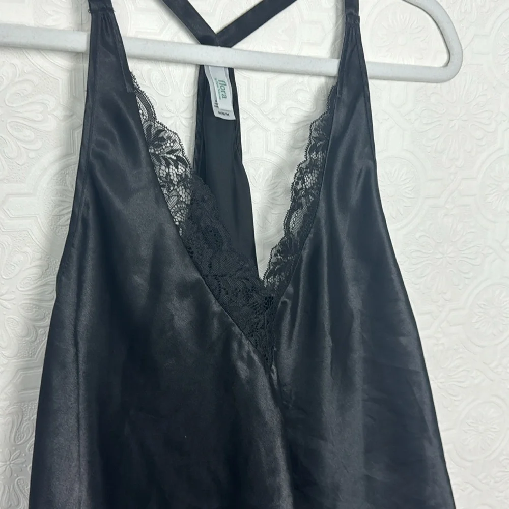 Flora Nikrooz Satin Silky Tank Top‎ Lingerie Secy Lacey Lace Black Pjs Pajamas